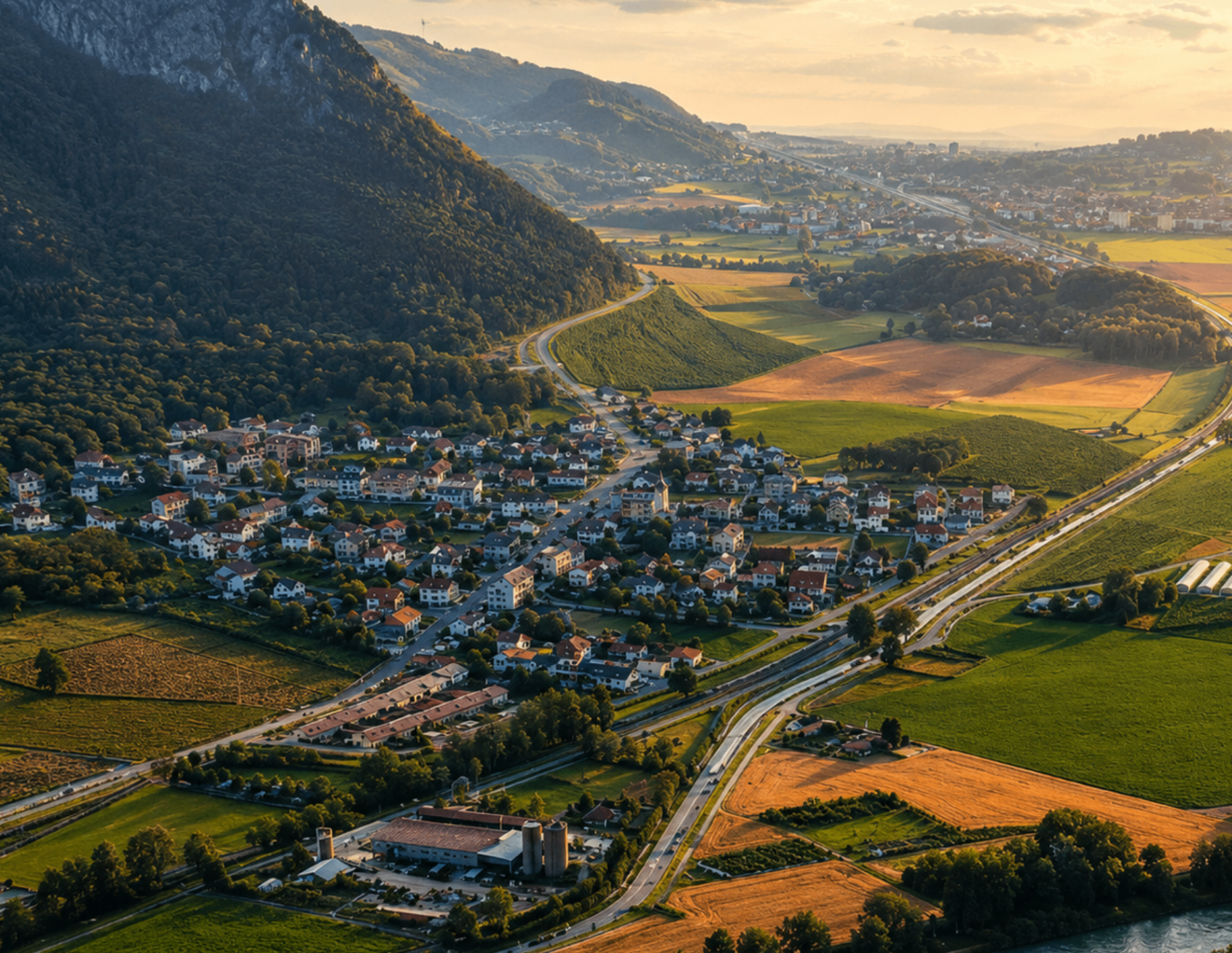 Vue aérienne de la vallée au coucher du soleil